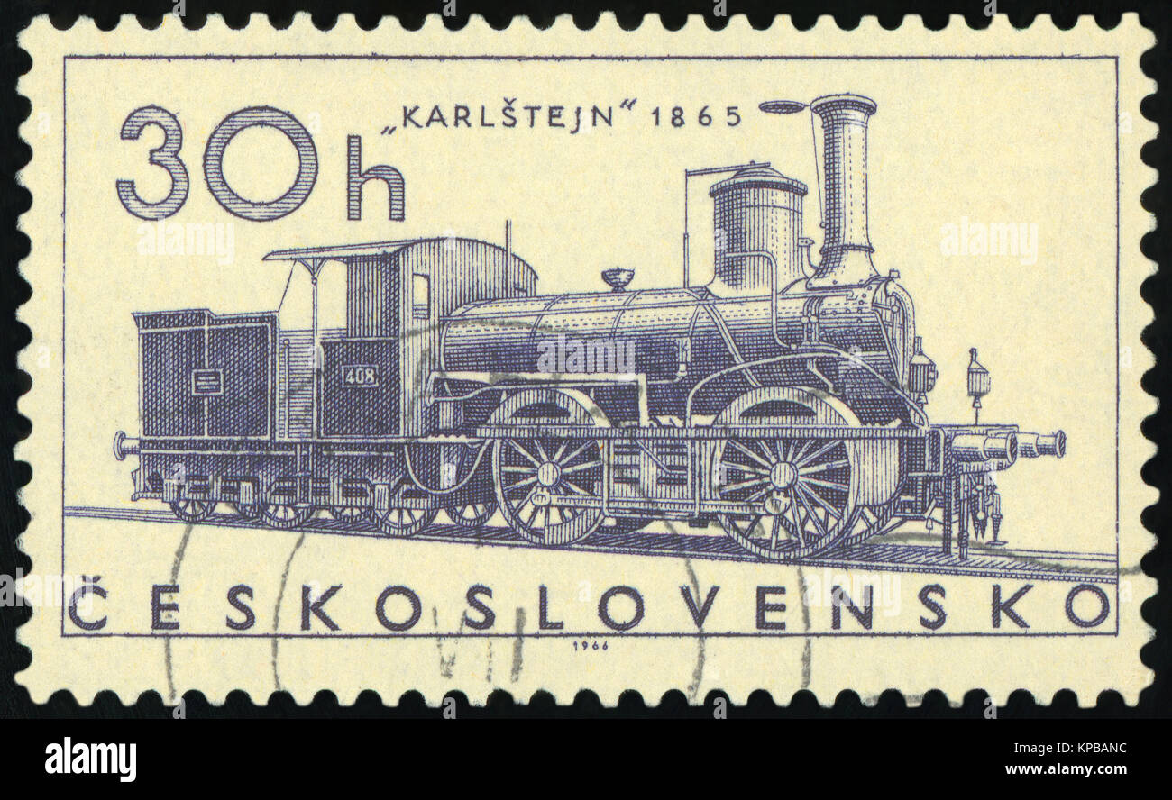 Tschechoslowakei - ca. 1966: Post Stempel gedruckt in der ehemaligen Tschechoslowakei (Ceskoslovensko) zeigt Ajax-Zug 1841; Lokomotiven; Scott 1374 A523 20 h; Cir Stockfoto