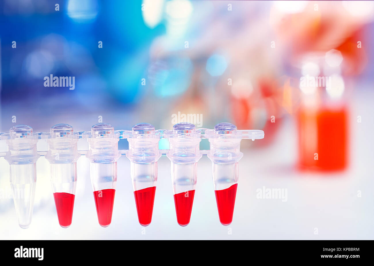 Wissenschaftlicher Hintergrund mit Text in Blau und Orange. Nahaufnahme auf Kunststoffrohre für die DNA-Analyse in der PCR. Text Raum. Stockfoto
