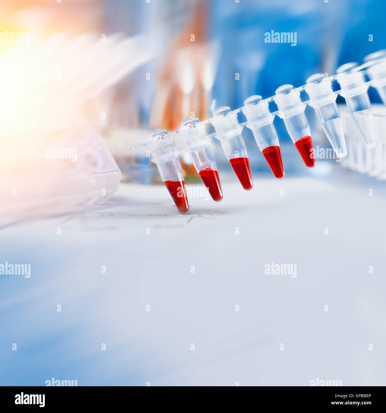 Platz wissenschaftlichen Hintergrund mit Text in Blau und Rot. Nahaufnahme auf Kunststoffrohre für die DNA-Analyse in der PCR. Platz für Ihren Text. Stockfoto