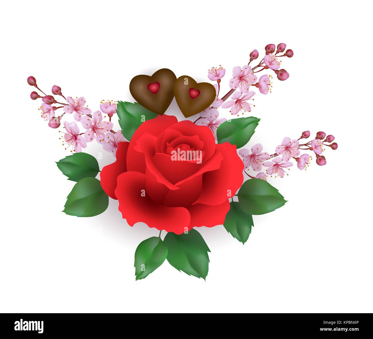 Realistische Valentinstag set red rose Schokolade Blume. Pink Cherry sakura spring blossom Herzform candy romantisches Geschenk Datum vorhanden Liebe. 3D-Vektor illustration Stock Vektor