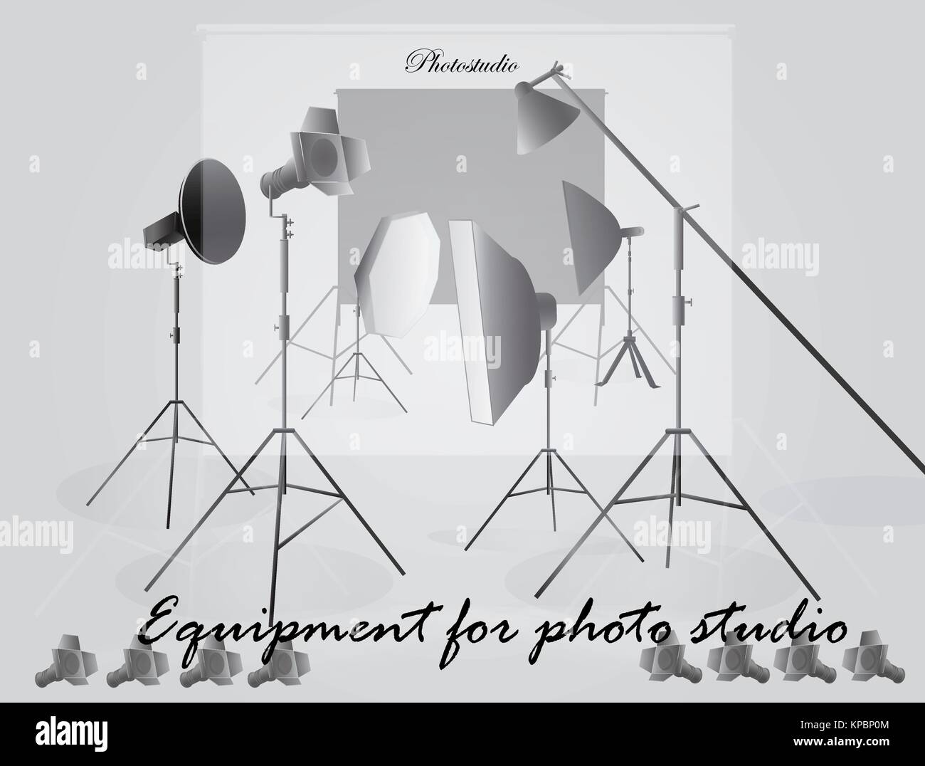 Ausrüstung für ein Foto Studio auf einem hellen Hintergrund. Stock Vektor