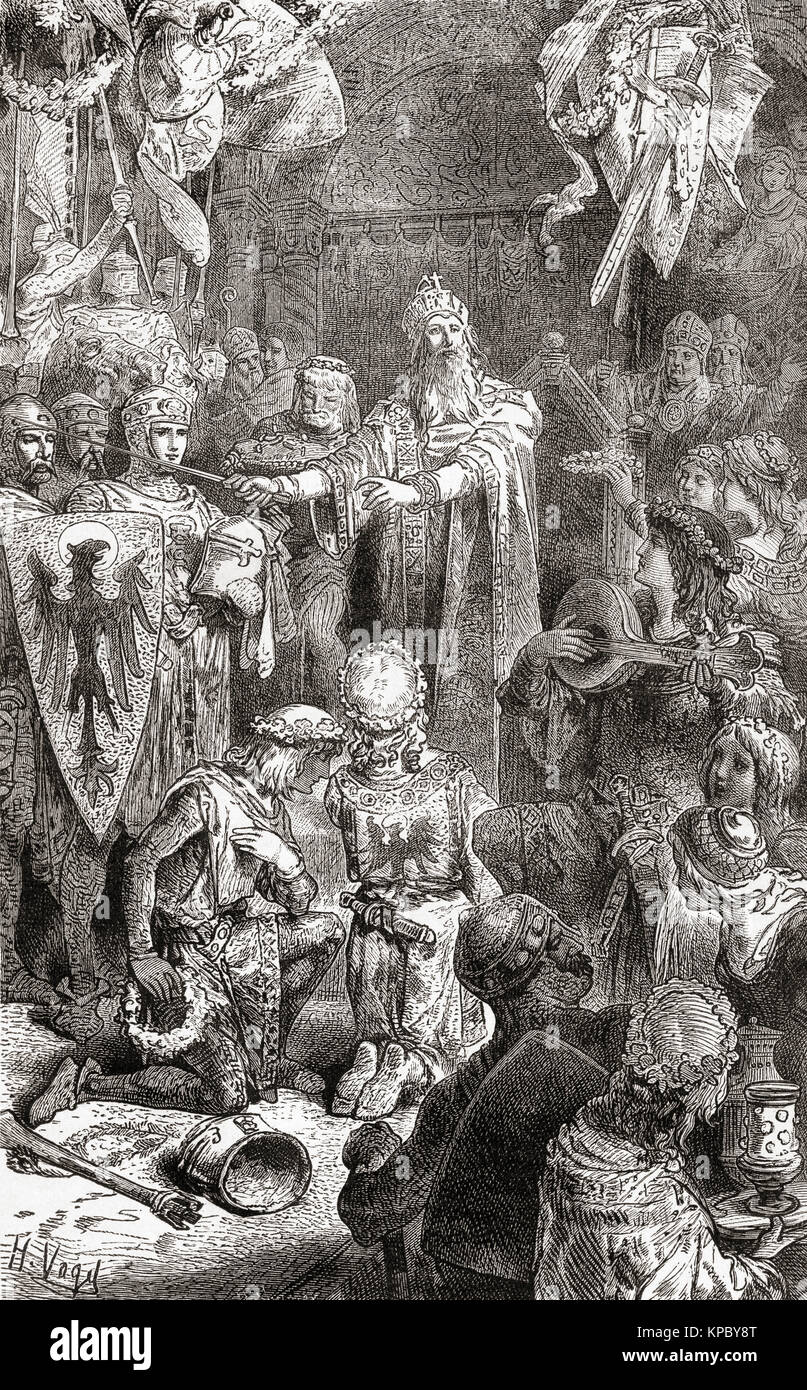 Der Hof von Friedrich Barbarossa in Mainz, Deutschland. Friedrich I., 1122 - 1190, auch bekannt als Friedrich Barbarossa. Kaiser des Heiligen Römischen Reiches, König von Deutschland, König von Italien und König von Burgund. Von Station und Lock's illustrierte Geschichte der Welt, veröffentlicht C 1882. Stockfoto