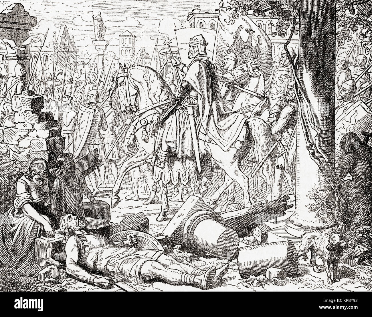 Friedrich Barbarossa Mailand in 1158. Friedrich I., 1122 - 1190, auch bekannt als Friedrich Barbarossa. Kaiser des Heiligen Römischen Reiches, König von Deutschland, König von Italien und König von Burgund. Von Station und Lock's illustrierte Geschichte der Welt, veröffentlicht C 1882. Stockfoto