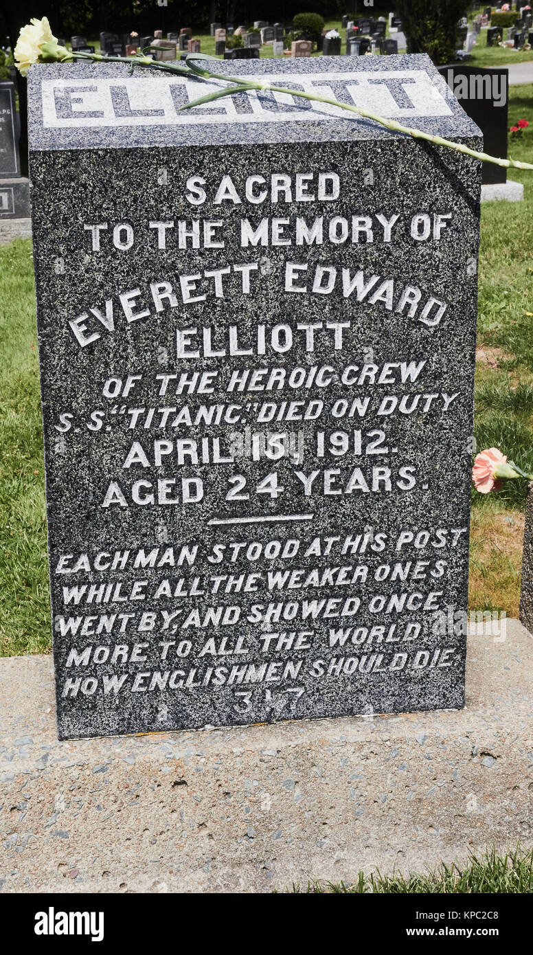 Granit Grabstein zu Everett Edward Elliott, die im Jahr 1912 Titanic Katastrophe starben, Fairview Cemetery, Halifax, Nova Scotia, Kanada. 120 victi Stockfoto