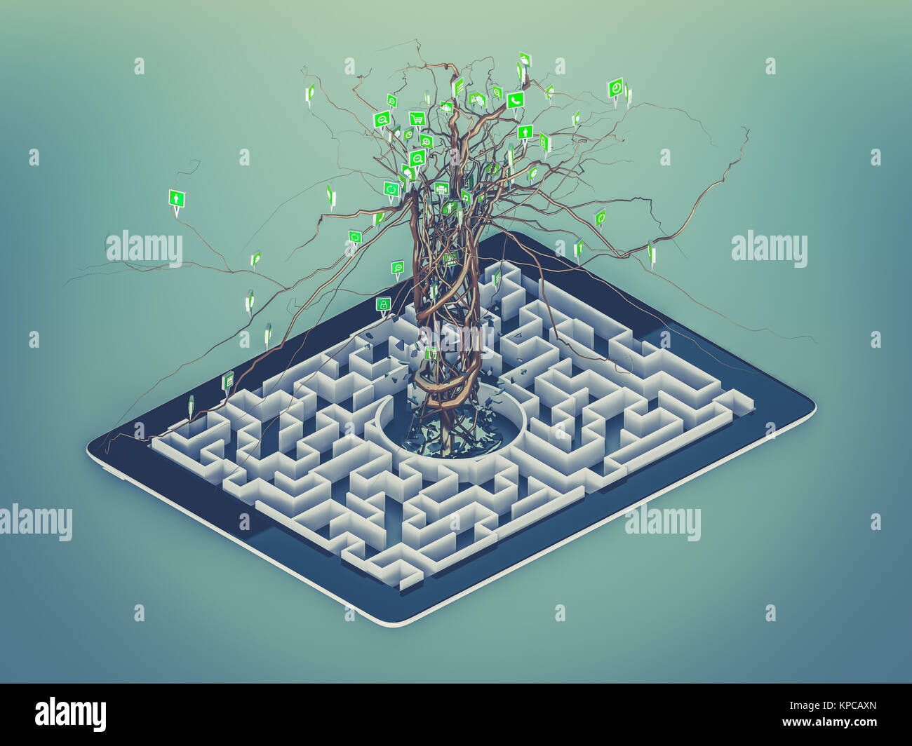 Social media Icons im Baum auf Labyrinth in der Tablette. Stockfoto