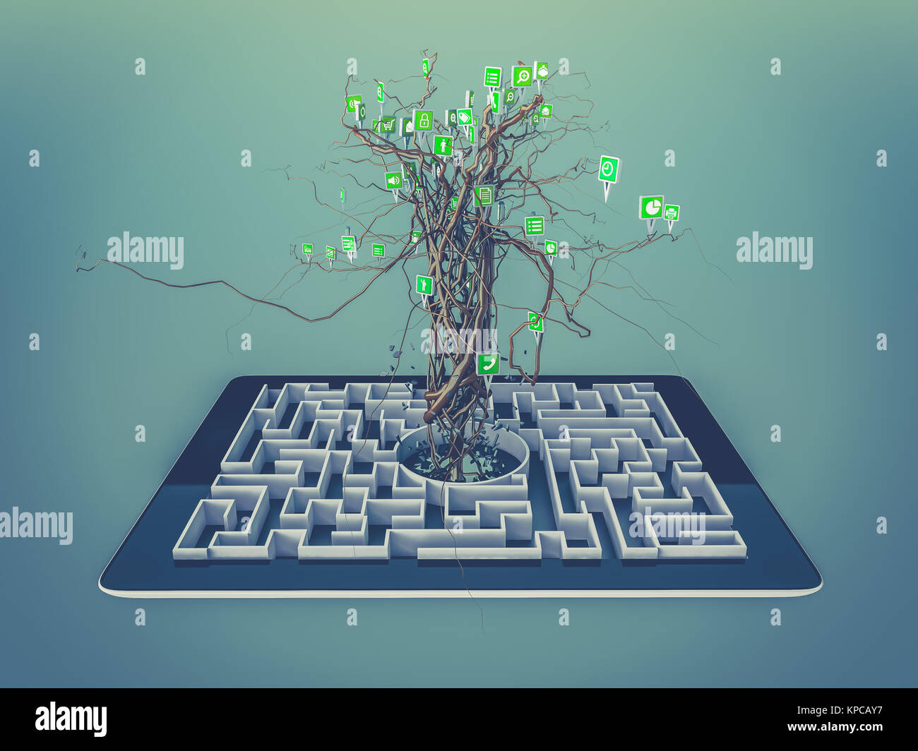 Social media Icons im Baum auf Labyrinth in der Tablette. Stockfoto