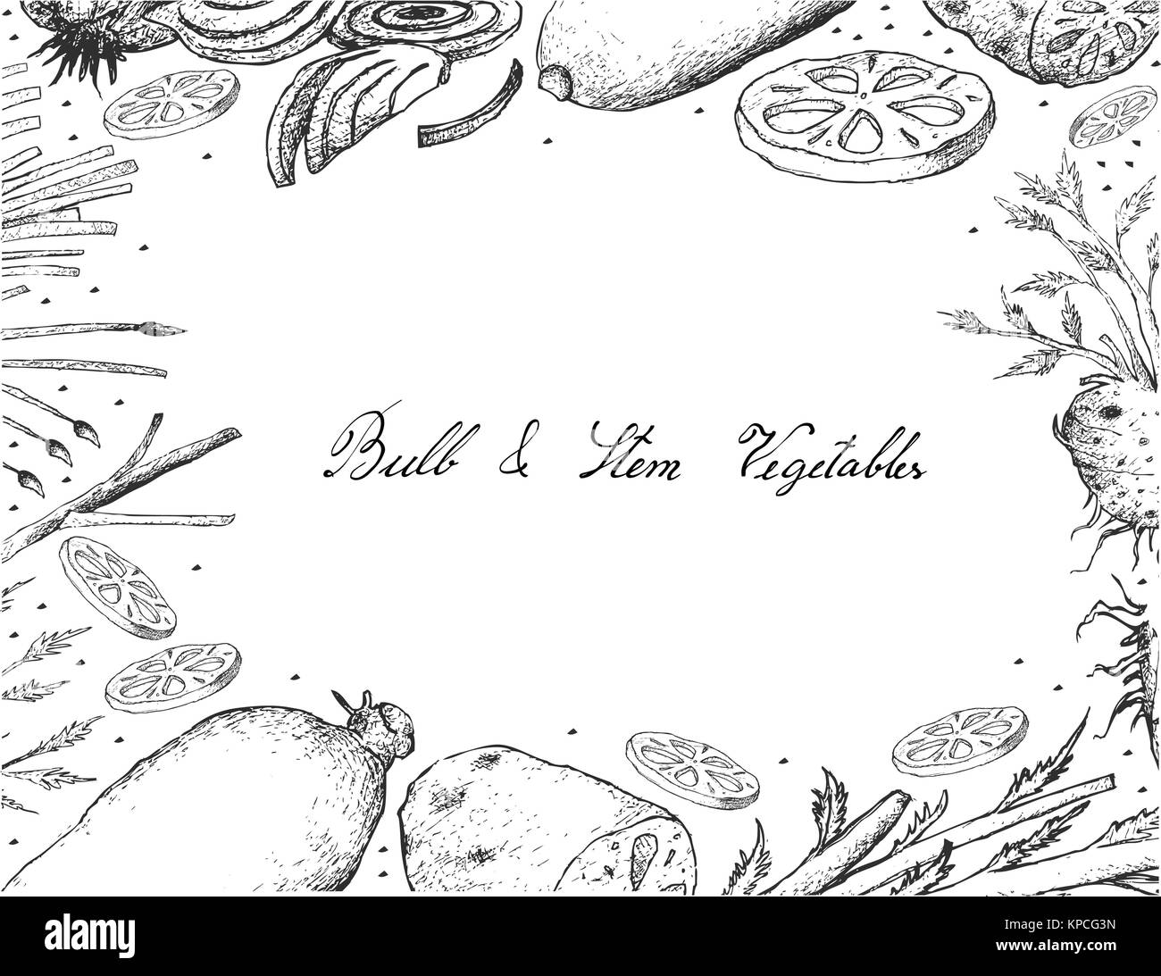 Gemüse- und Kräutergarten, Illustration von Hand gezeichnete Skizze köstliche frische Birne und Stammzellen Gemüse isoliert auf weißem Hintergrund. Stock Vektor