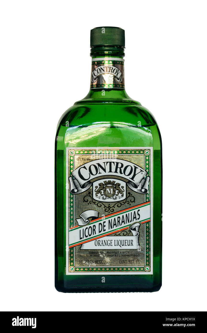 Eine Flasche Controy, einem mexikanischen Orangenlikör geglaubt verwendet worden sind, der erste Margarita zu machen. Es hat eine Stärke von 40 Vol.-%. Stockfoto