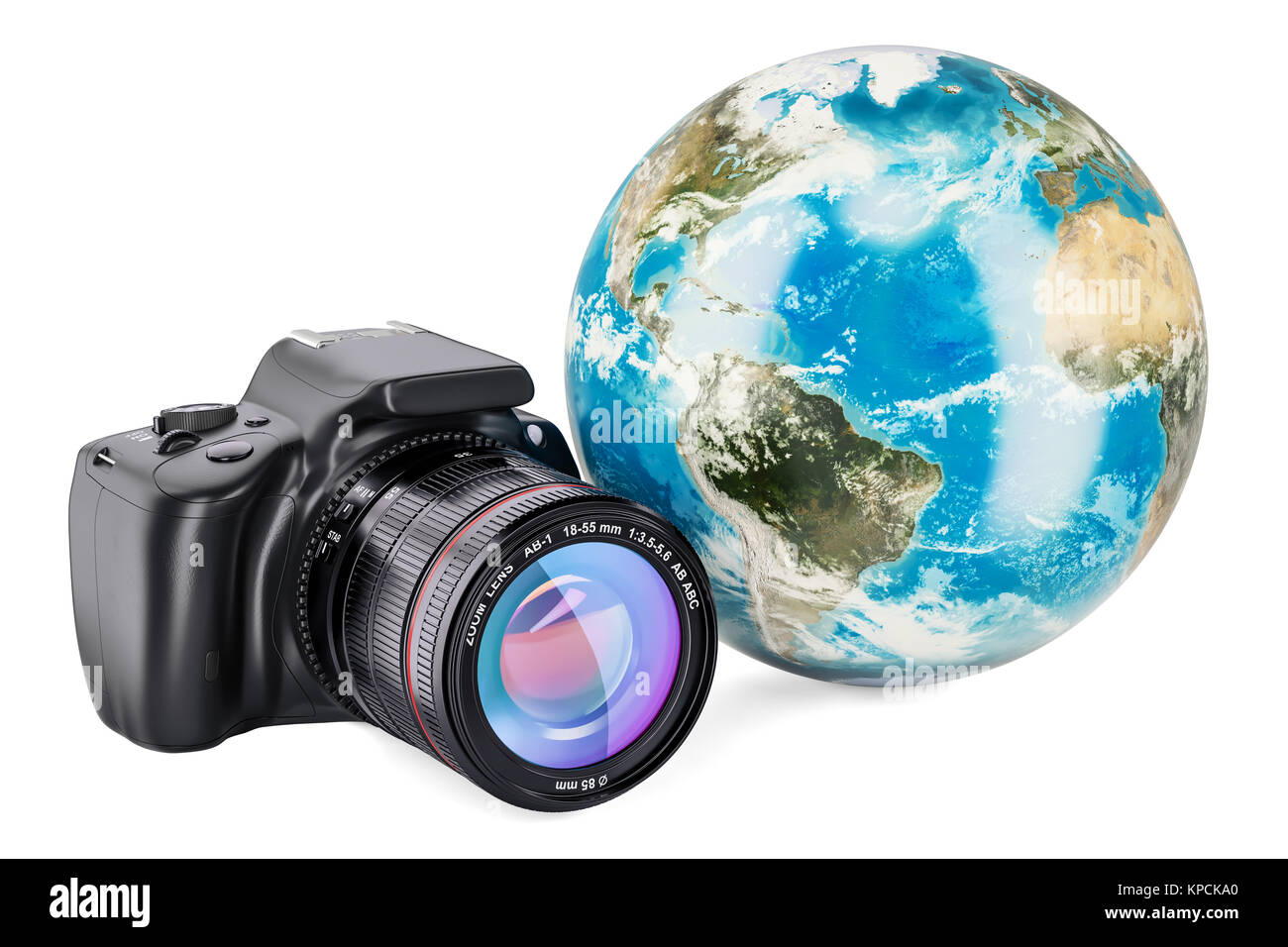 Erde Globus mit einer digitalen Spiegelreflexkamera, 3D-Rendering auf weißem Hintergrund Stockfoto