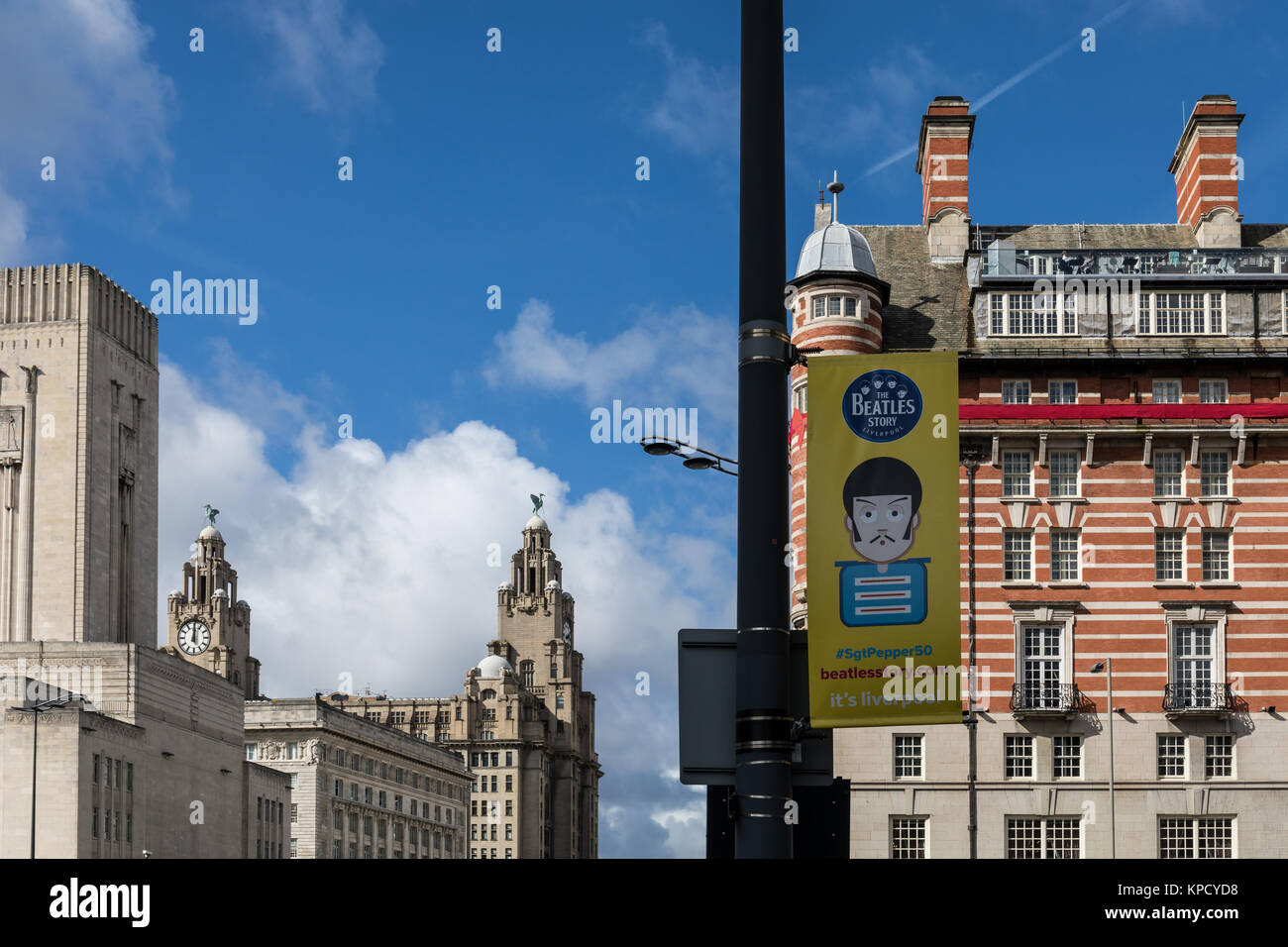 Die Beatles Story Werbemittel, Banner, Liverpool, Merseyside, UK. Stockfoto