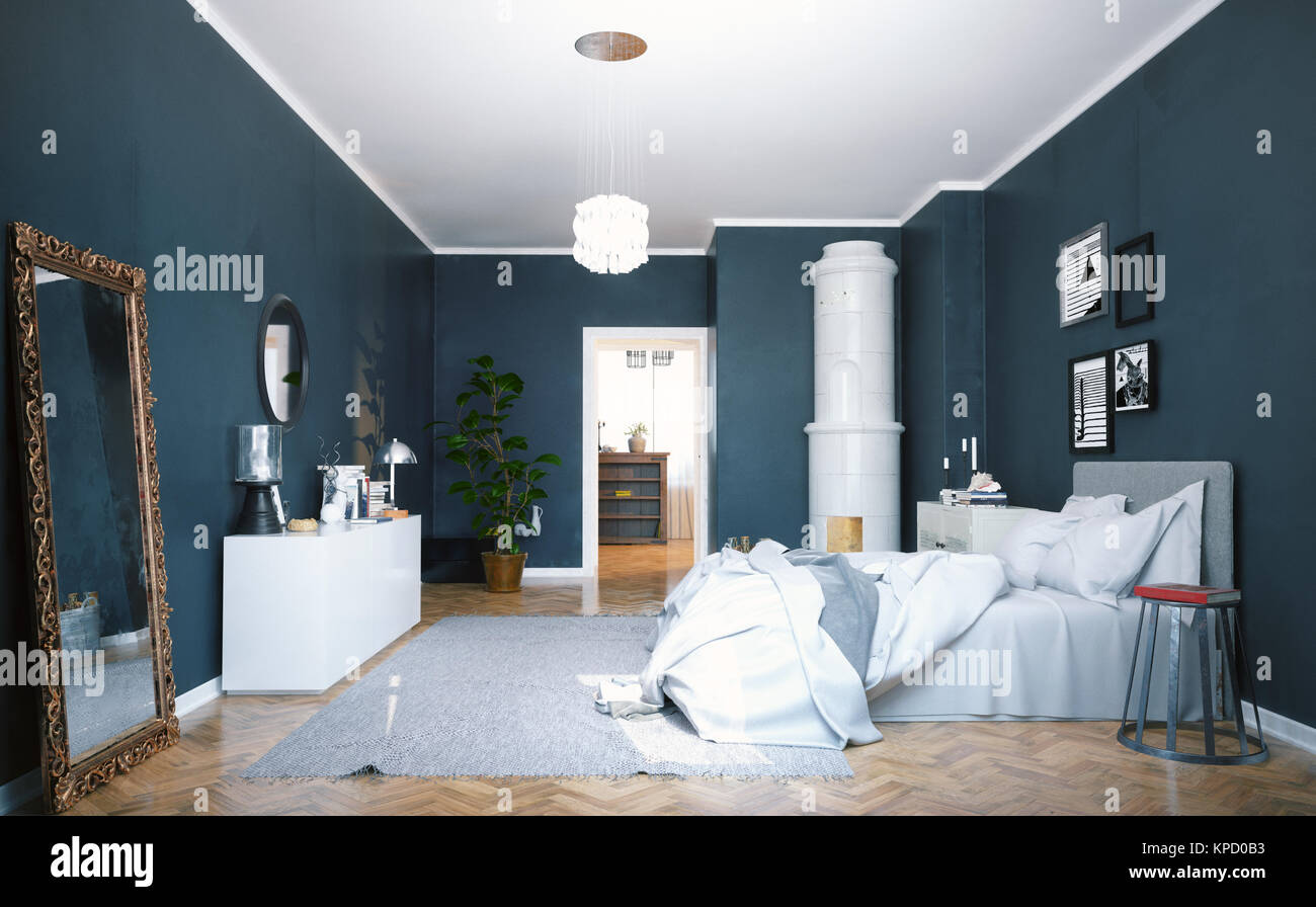 Modernes Schlafzimmer mit klassischen schwedischen Herd. 3D Rendering Stockfoto