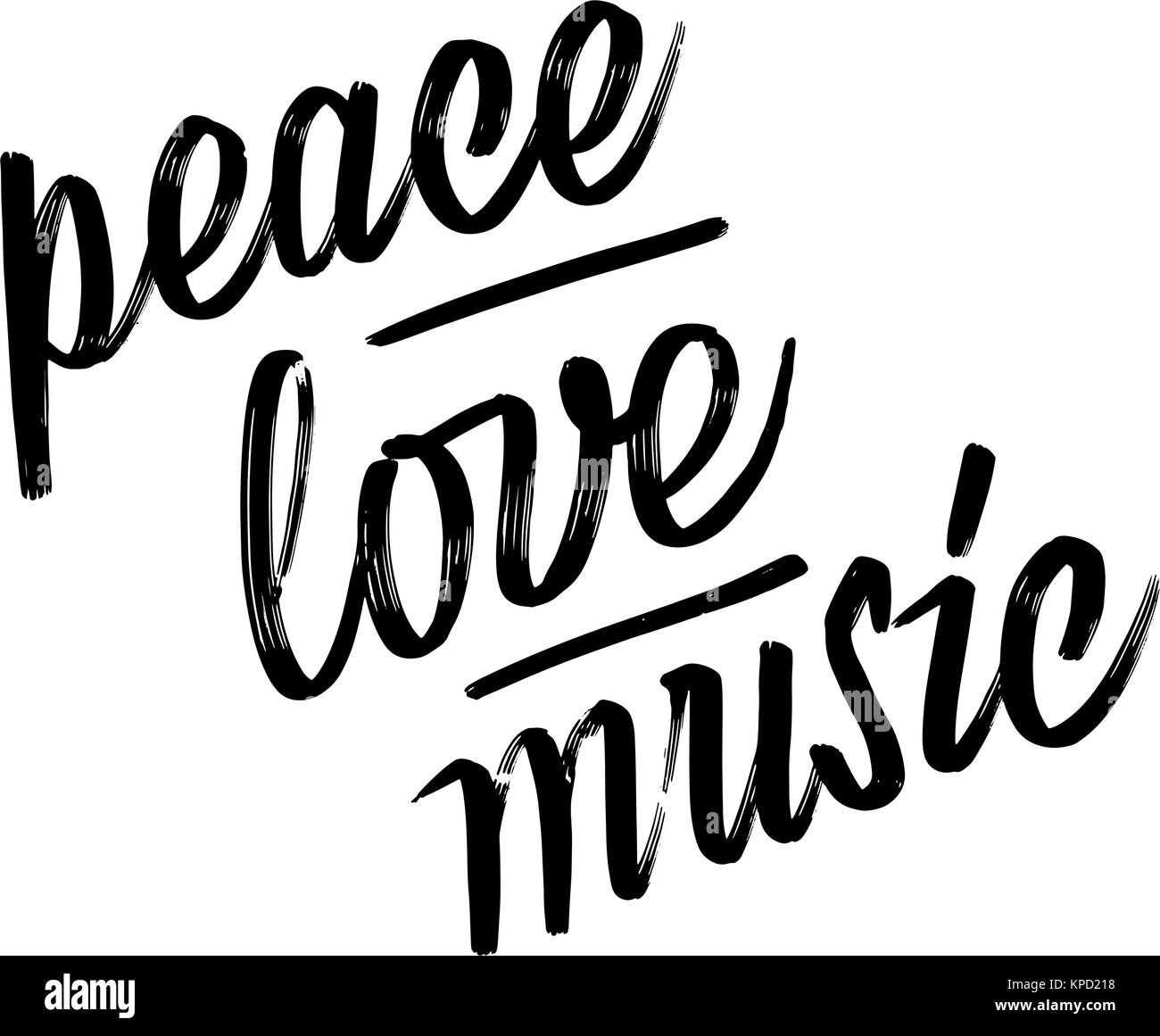 Frieden, Liebe, Musik. Beschriftung von Hand. Kalligraphie vektor Skizze mit dicken Pinsel, Stift. Stock Vektor