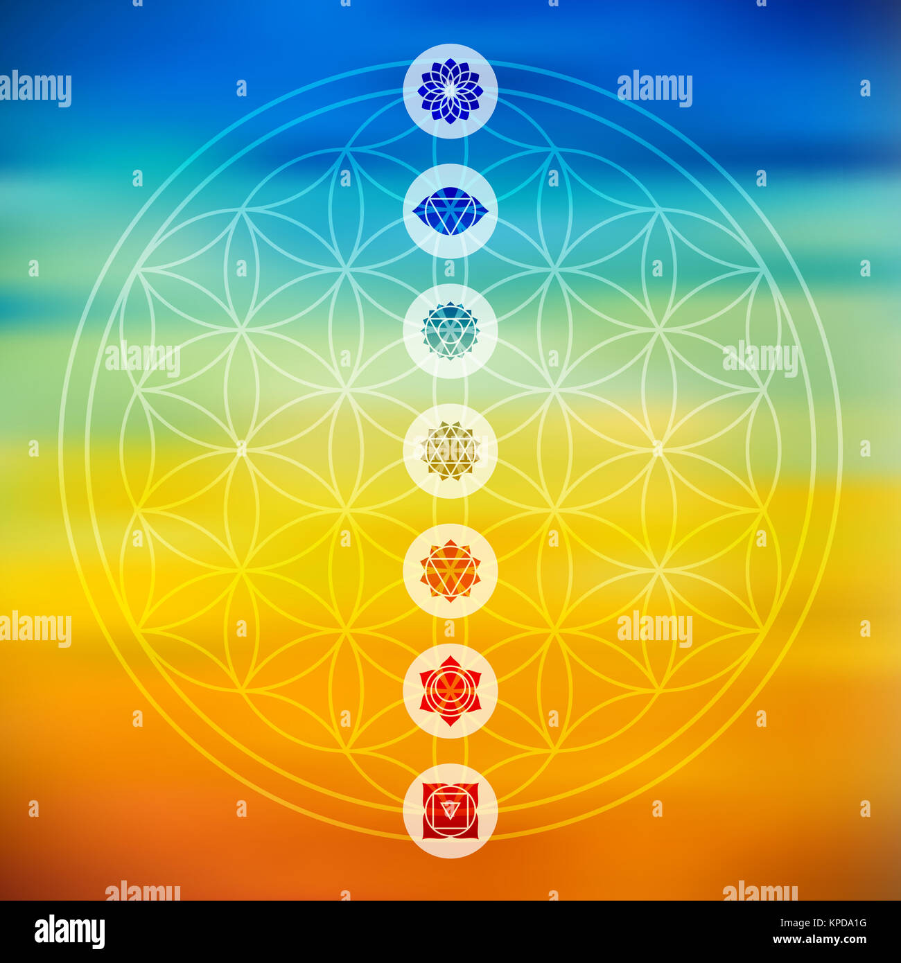 Heilige Geometrie mit chakra Symbole bunten Hintergrund Stockfoto