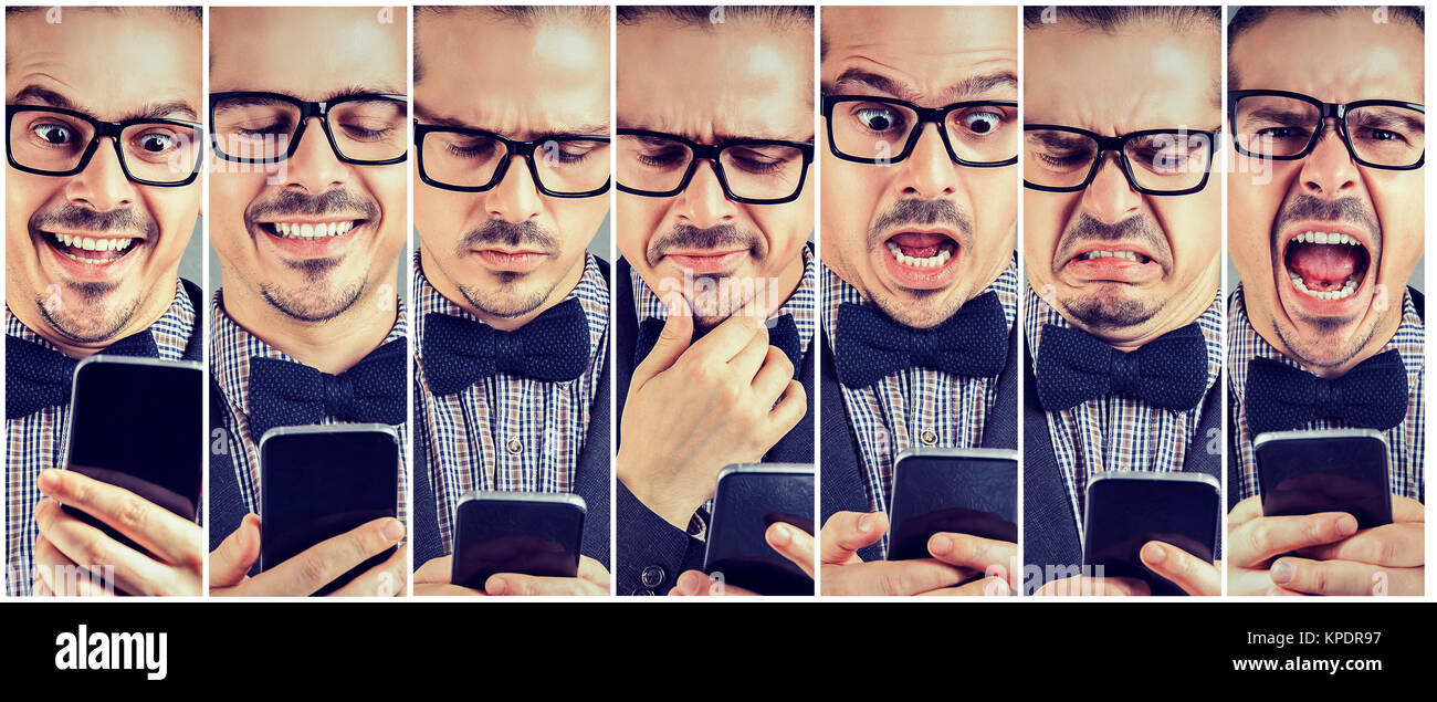 Fotos von eleganten Mann Smartphone mit verschiedenen Emotionen. Stockfoto