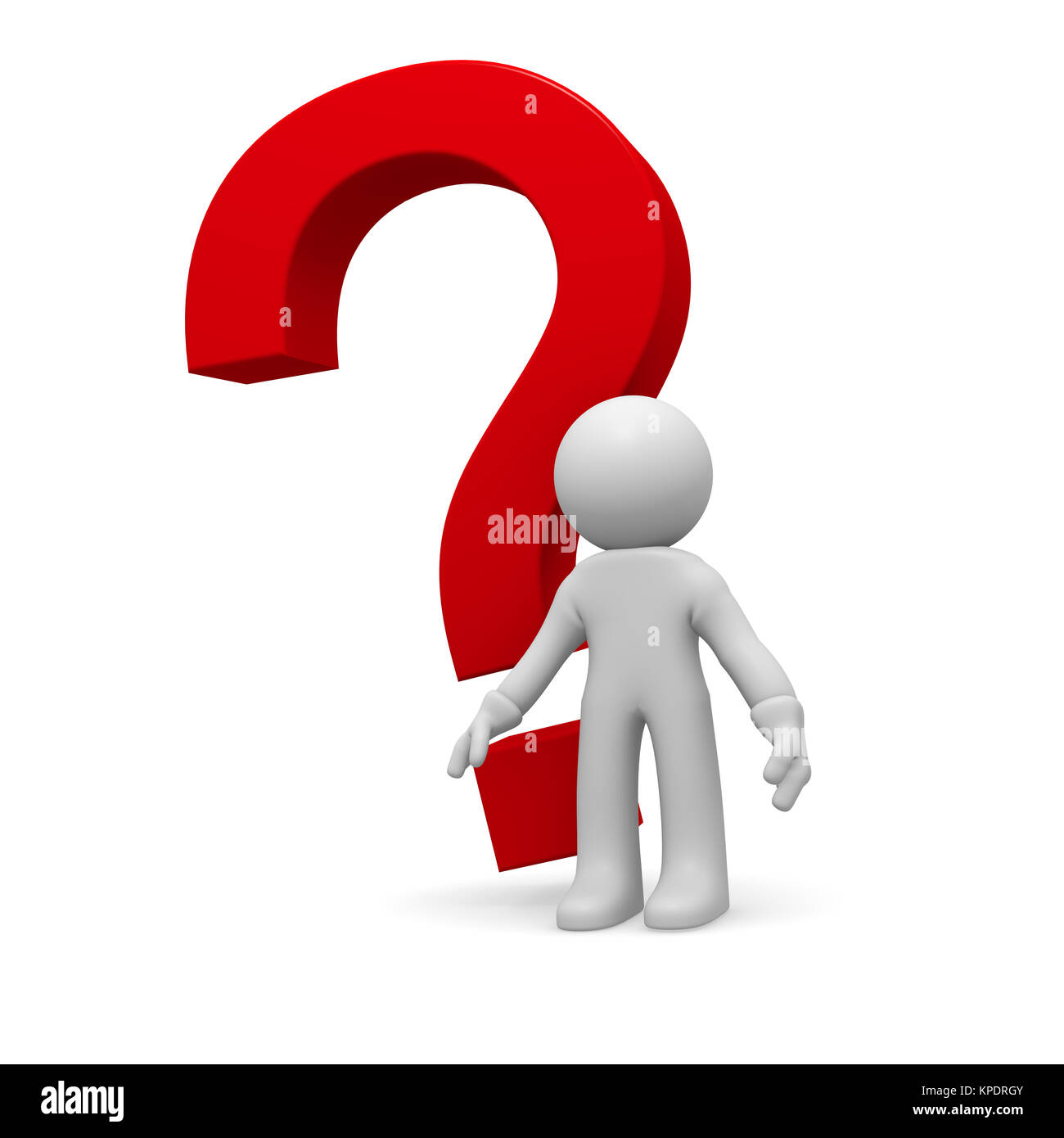 3D kleine Person mit einem roten Fragezeichen auf weißem Hintergrund Stockfoto