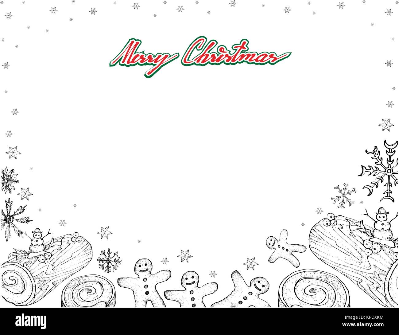 Abbildung Rahmen von Hand gezeichnete Skizze eines traditionellen Christmas Cake, Yule Log Kuchen oder Buche de Noel mit Gingerbread Man Cookies für Weihnachten Cel Stock Vektor