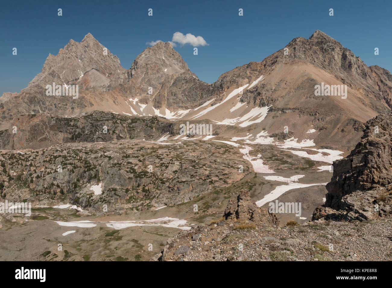 Die drei Tetons von der Wand im Grand Teton National Park, Wyoming. Stockfoto