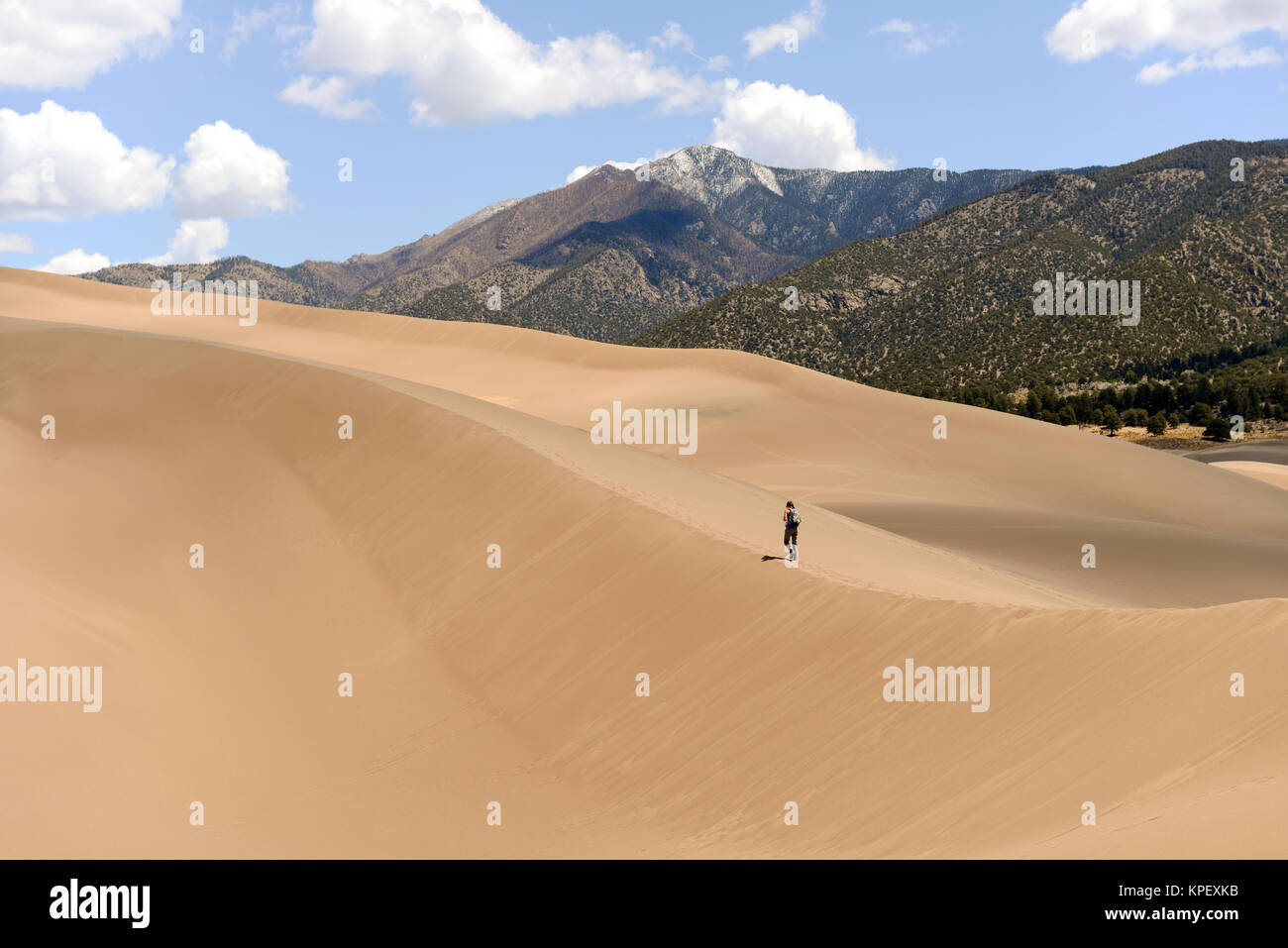 Wandern auf Sanddünen - ein Tourist ist Wandern auf einer Sanddüne Ridge an einem Frühlingstag im Great Sand Dunes National Park, Colorado, USA. Stockfoto