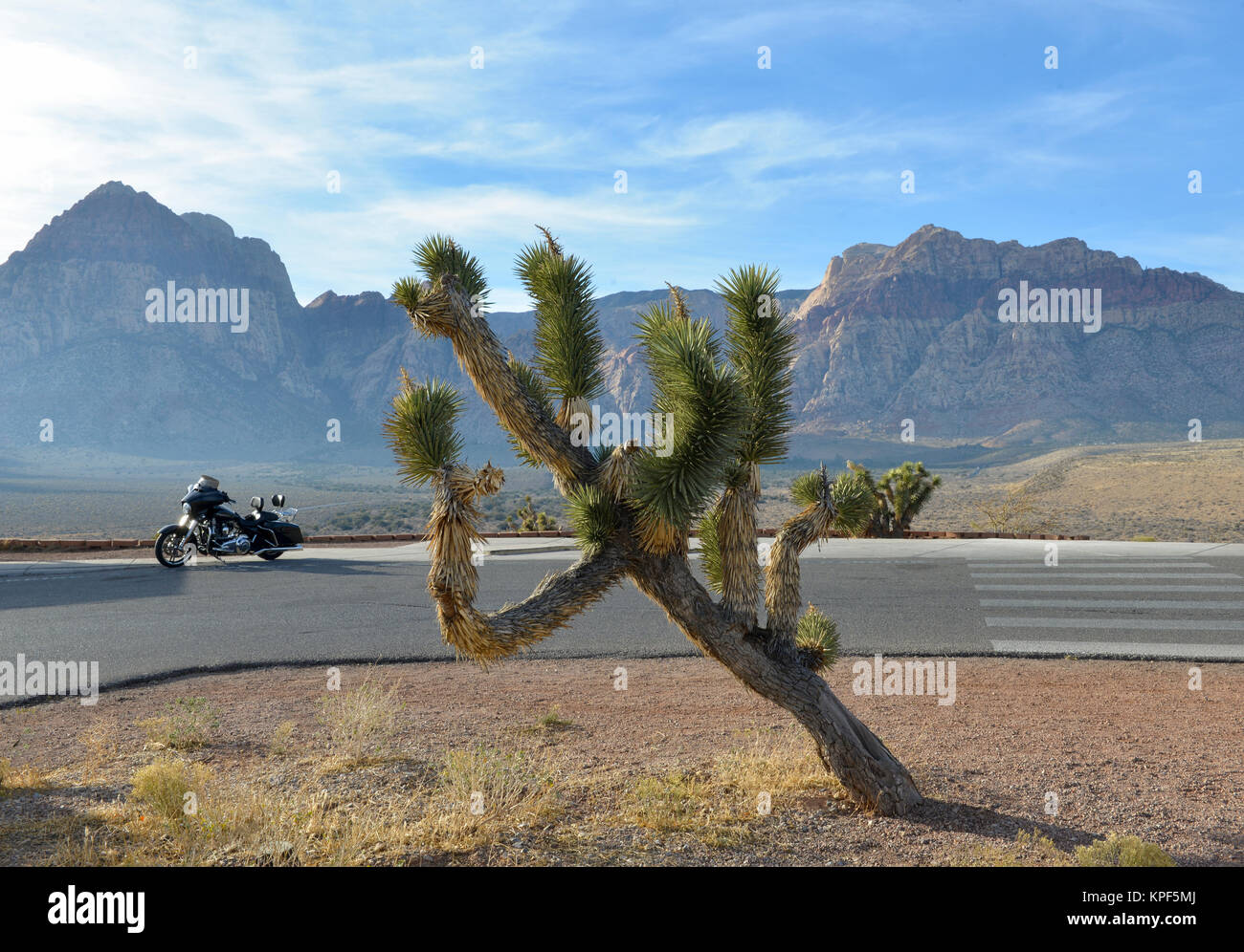 Red Rock Park, Nevada Landschaft mit Wüste, Straße, Motorrad und Berge Stockfoto