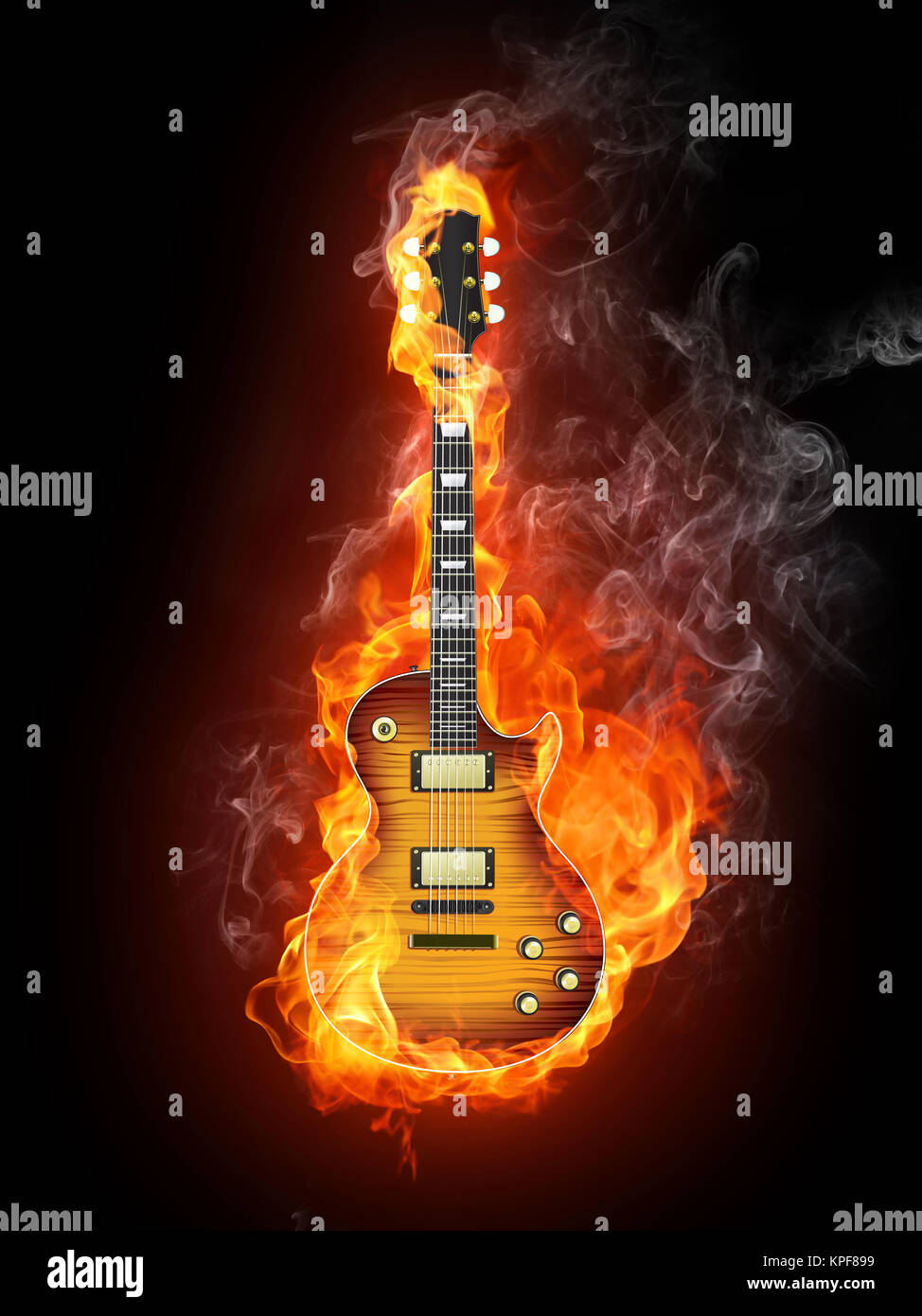 E-Gitarre in Brand isoliert auf schwarzen Hintergrund. Computer Graphics. Stockfoto