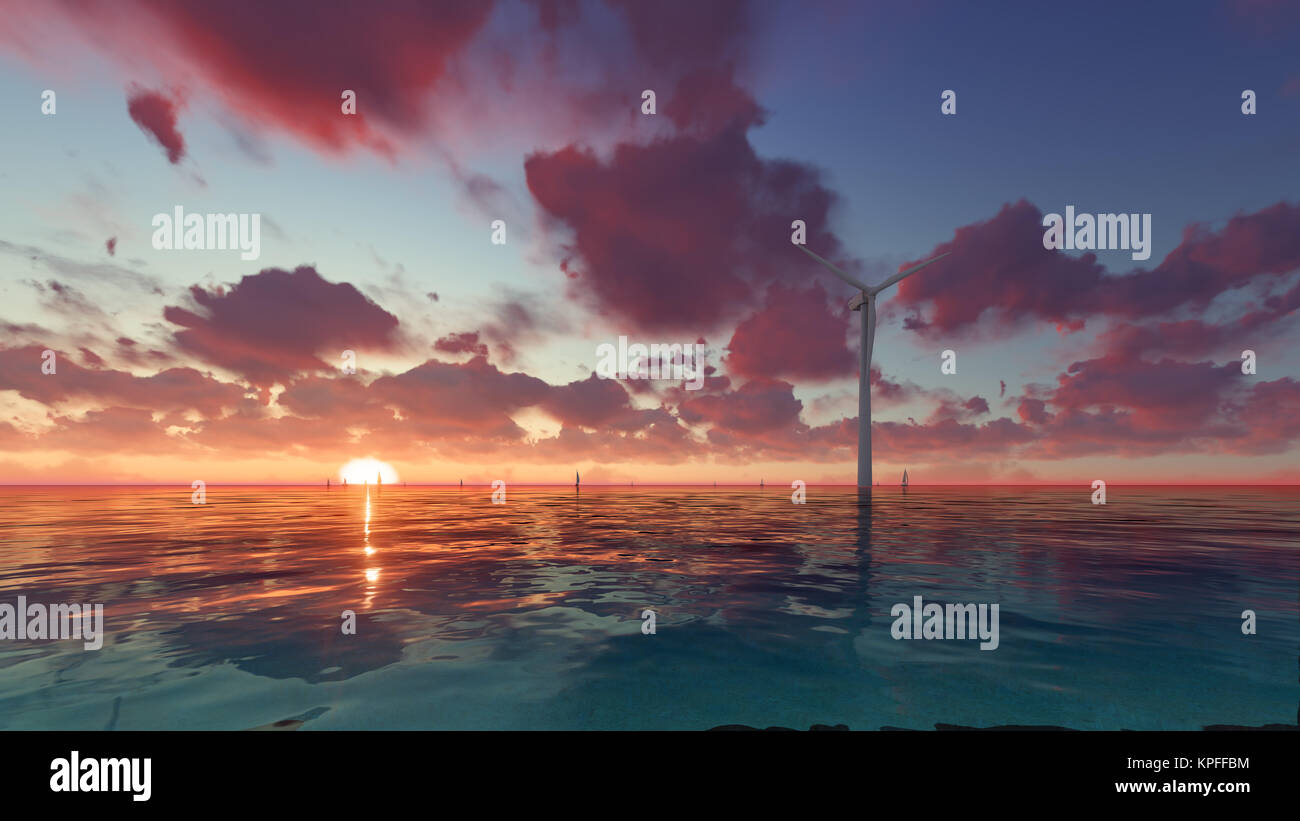 Technologie und Umwelt Wind Generator am Meer 3D-Rendering Stockfoto