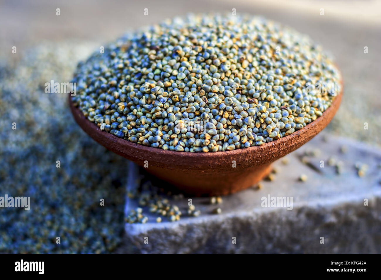 Raw organic Pennisetum glaucum, Bajra Pearl millet in einem Ton Schüssel. Stockfoto