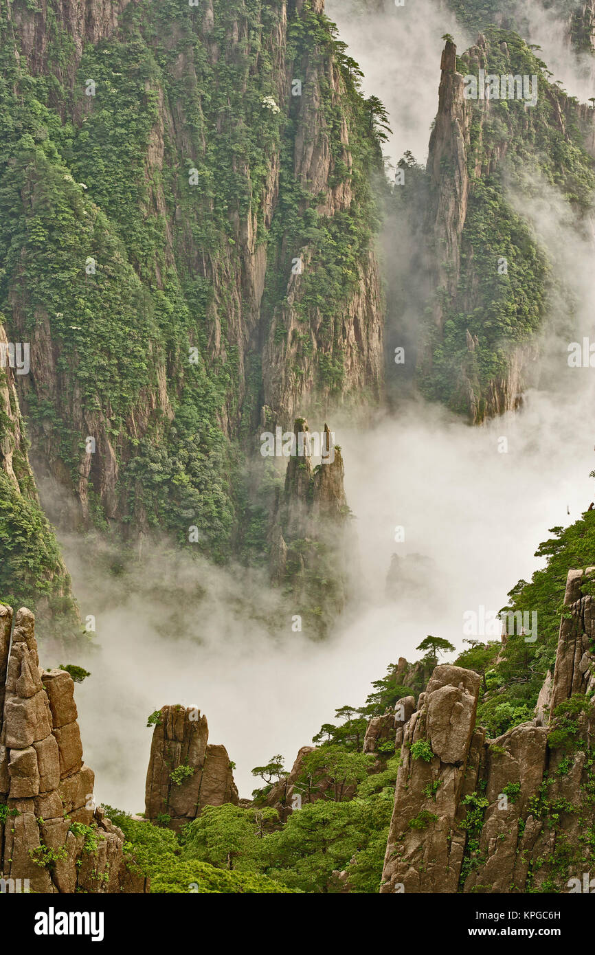 Nebel zwischen den Höhen und Tiefen des Grand Canyon im Westmeer, Mt. Huang Shan oder gelben Berg Stockfoto