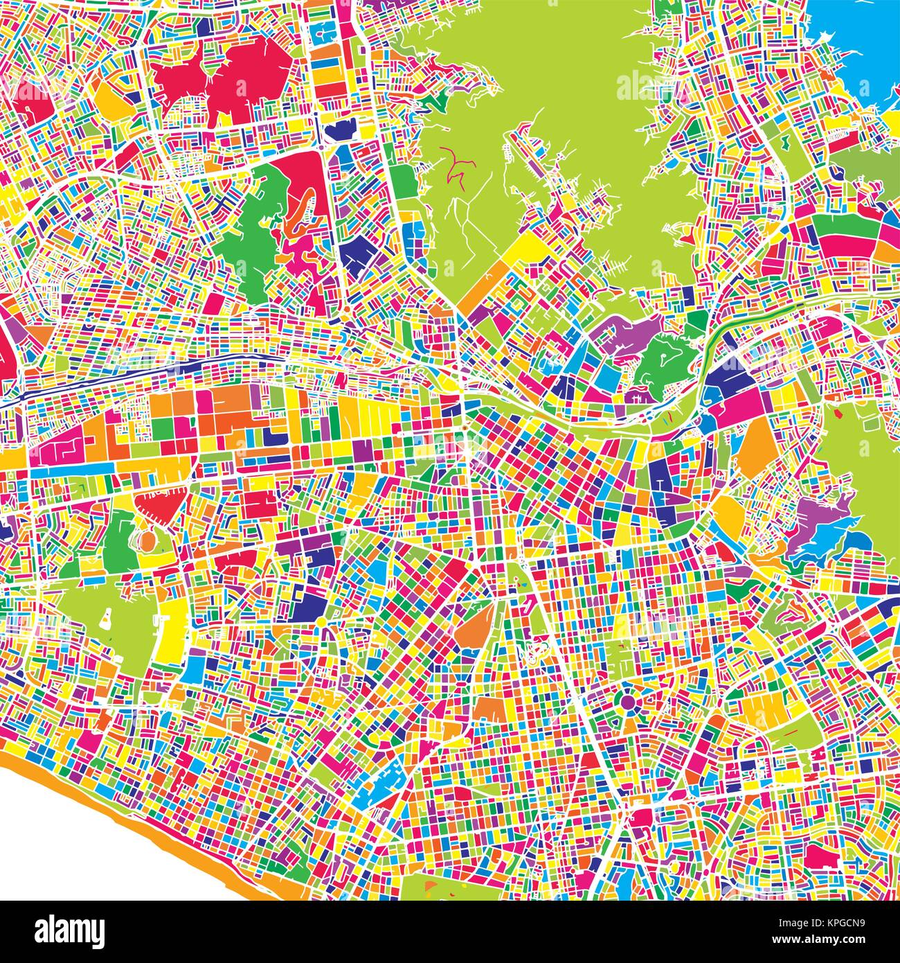 Lima, Lima, Peru, bunte Vektorkarte. Weiße Straßen, Schienen und Wasser. Helle farbige Wahrzeichen formen. Kunst Muster drucken. Stock Vektor