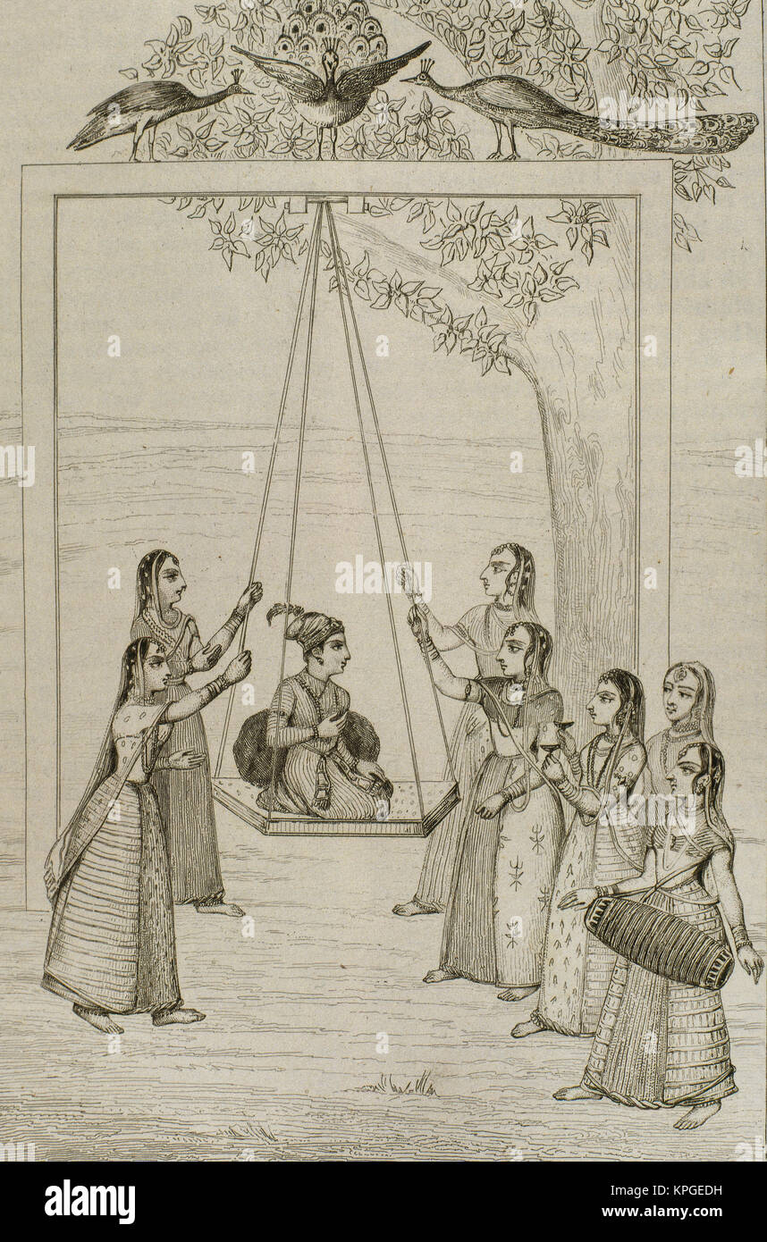 Indien. Schwingen. Gravur. Lemaitre Direxit. "Panorama Universal', 1845. Stockfoto