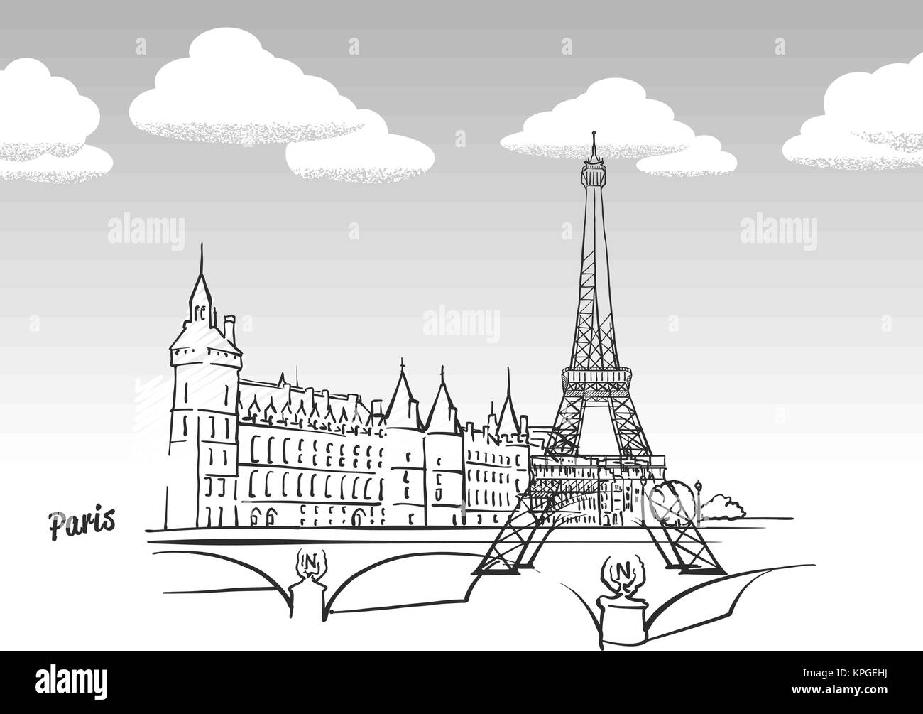 Paris, Frankreich Wahrzeichen Skizze. Lineart Zeichnung von Hand. Grußkarte Symbol mit Titel, Vektor, Abbildung Stock Vektor