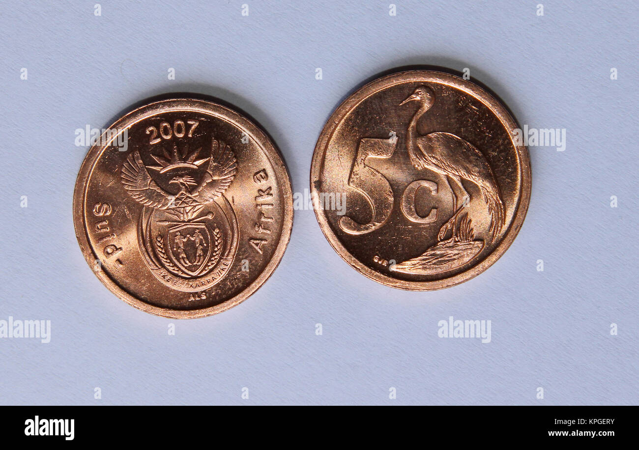 Zwei südafrikanische fünf-Cent-Münzen, Südafrika Stockfoto