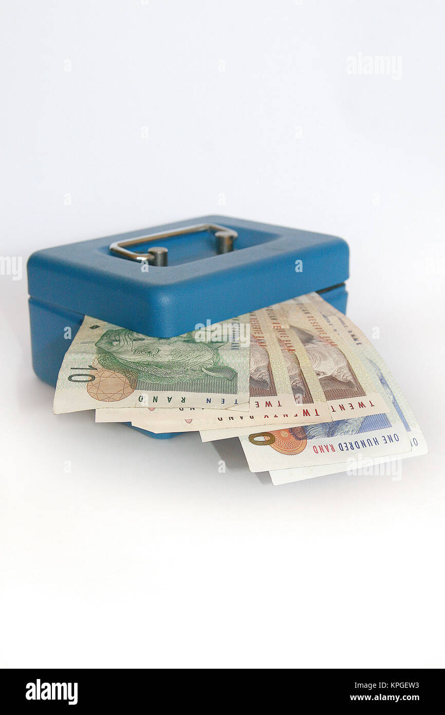 Kleine blaue Portokasse Box mit Notizen, Südafrika Stockfoto