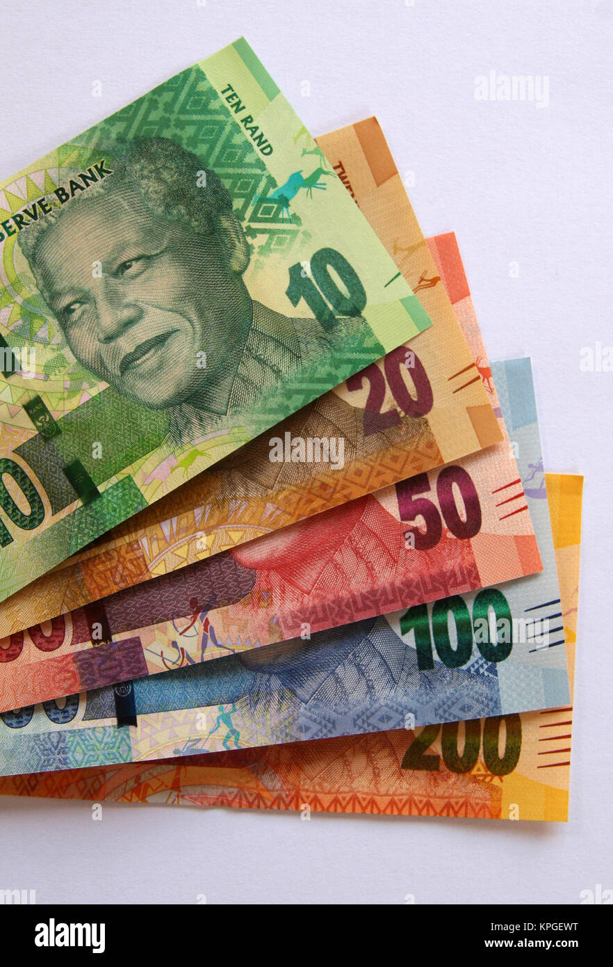 Umfassendes Angebot an südafrikanischen Banknoten, Südafrika. Stockfoto