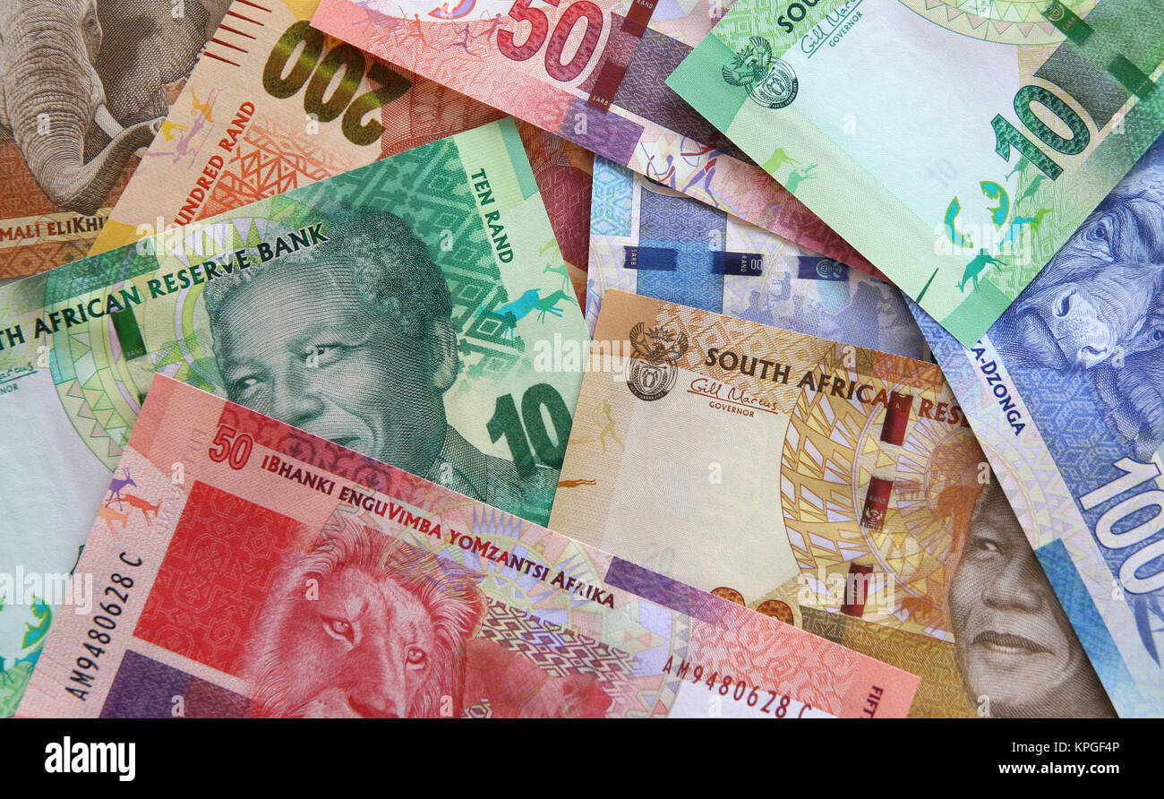 Umfassendes Angebot an südafrikanischen Banknoten, Südafrika. Stockfoto
