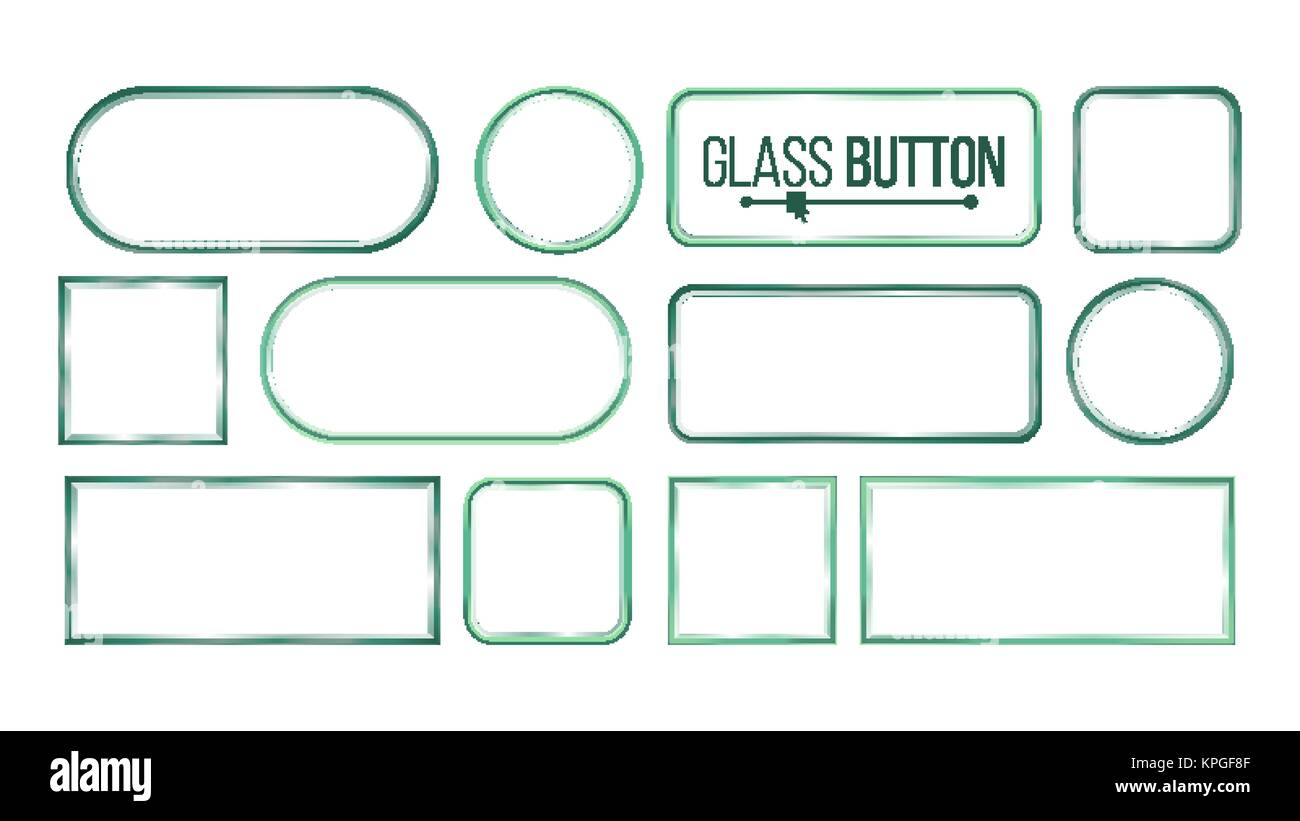 Glas Buttons, Frames Vektor. Quadratisch, Rund, rechteckig. Glasplatten Elemente. Realistische Platten. Kunststoff Banner. Auf weissem Hintergrund Abbildung isoliert Stock Vektor