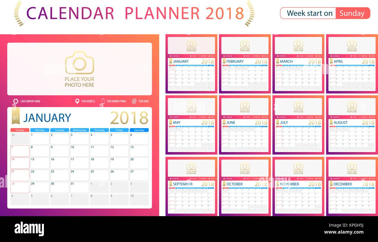 Englisch Kalender Planer für das Jahr 2018, Woche Sonntag. Set mit 12