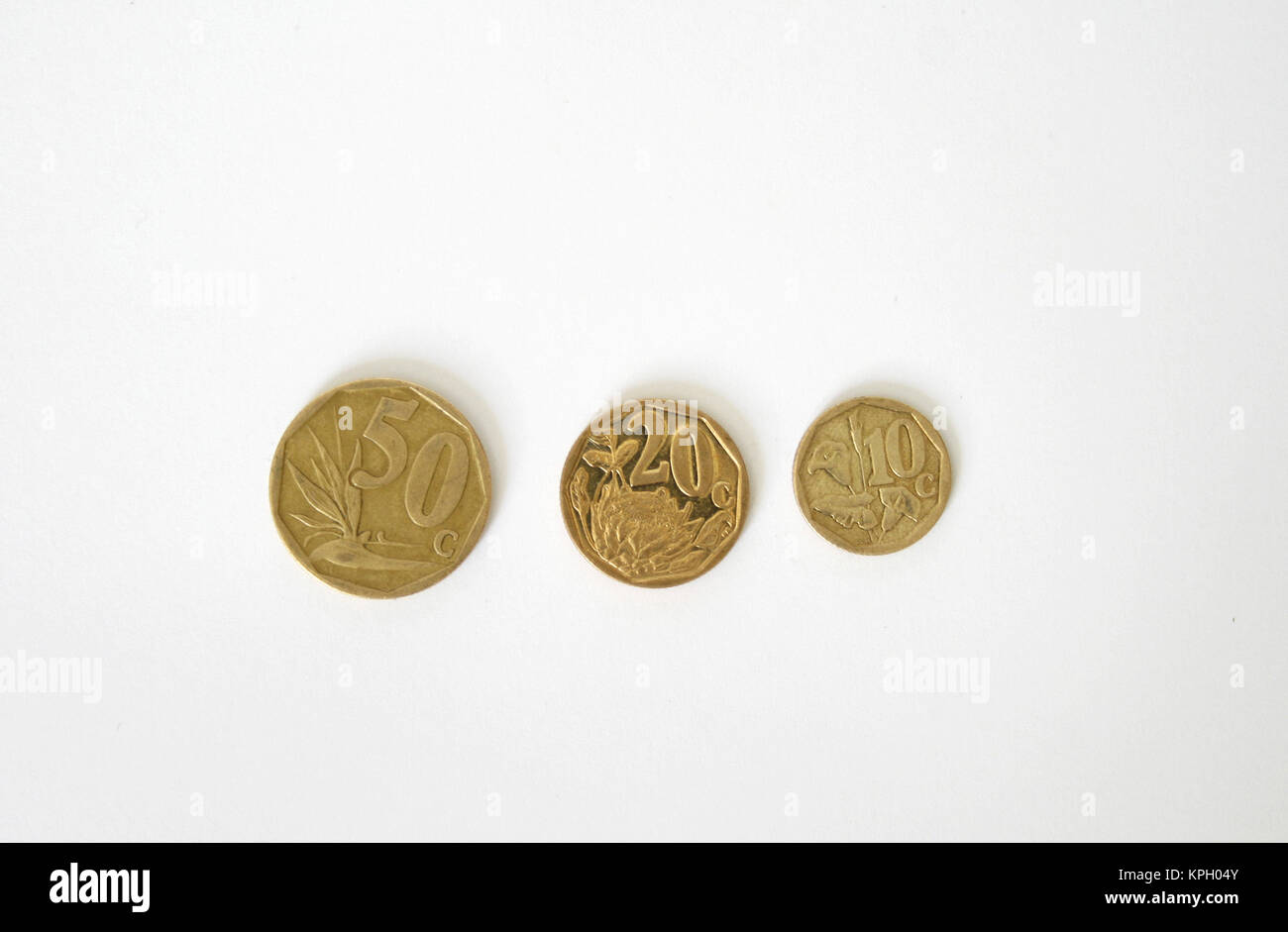 Nahaufnahme einer Reihe von südafrikanischen Münzen Stockfoto