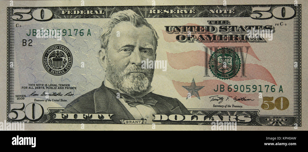 Nahaufnahme von fünfzig Dollarschein, Vereinigte Staaten von Amerika Stockfoto