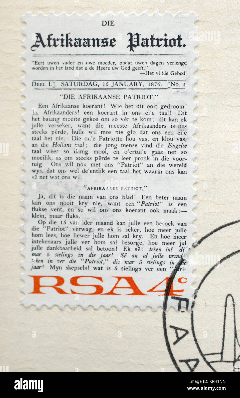 Südafrikanische Paarl Taalmonument, 10.10.1975 Briefmarke, Südafrika. Stockfoto