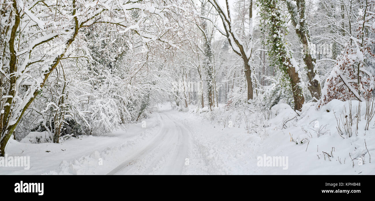 Schneebedeckte Landstraße in der Nähe von Snowshill Dorf im Dezember. Snowshill, Cotswolds, Gloucestershire, England Stockfoto