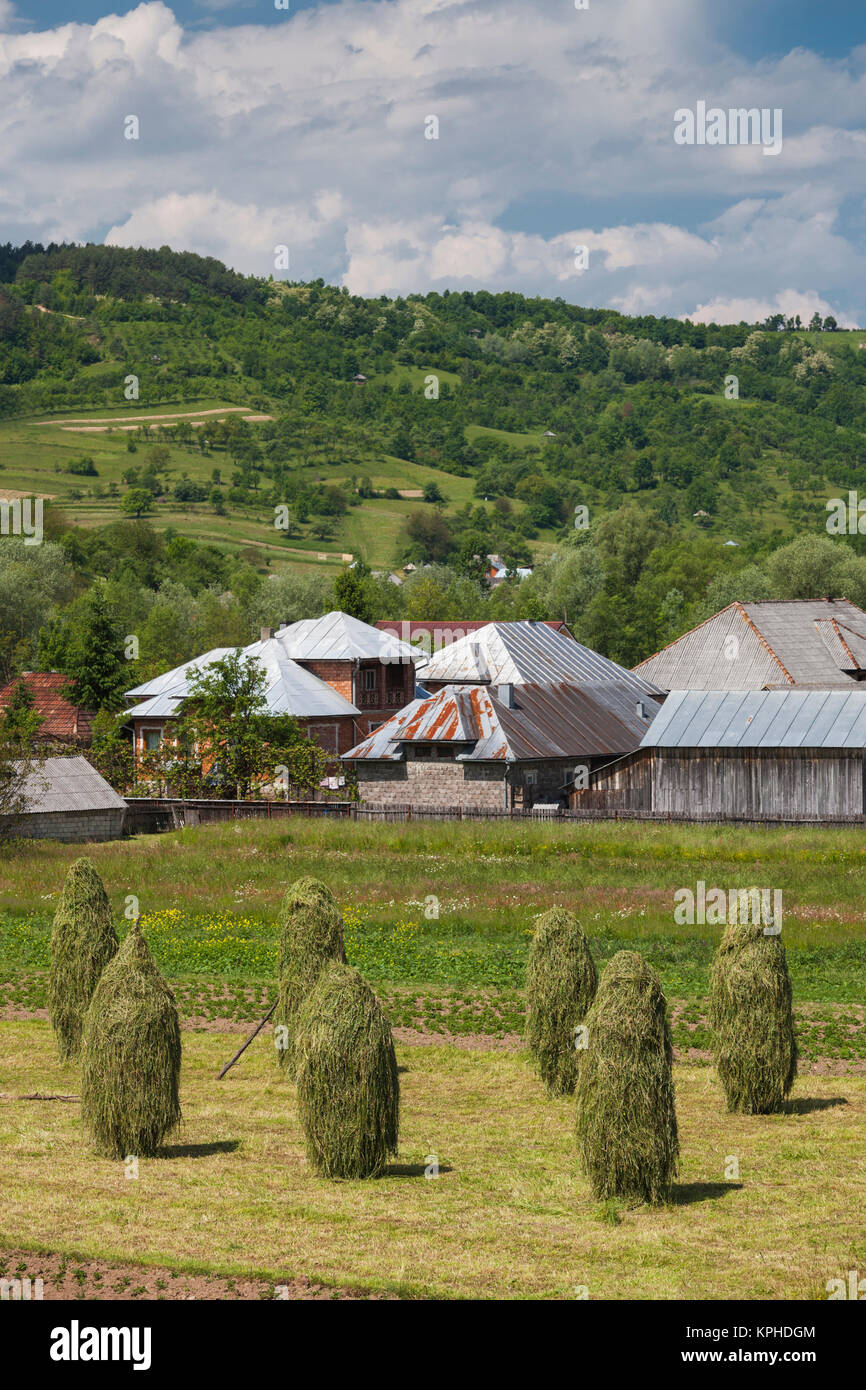 Rumänien, Maramures Region, Rona de Jos, mit Stadtblick mit Heuschober Stockfoto