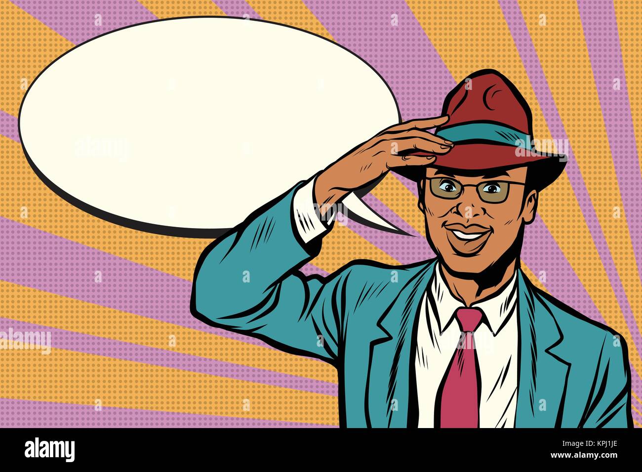 Retro afrikanischen Geschäftsmann nimmt seinen Hut Stock Vektor