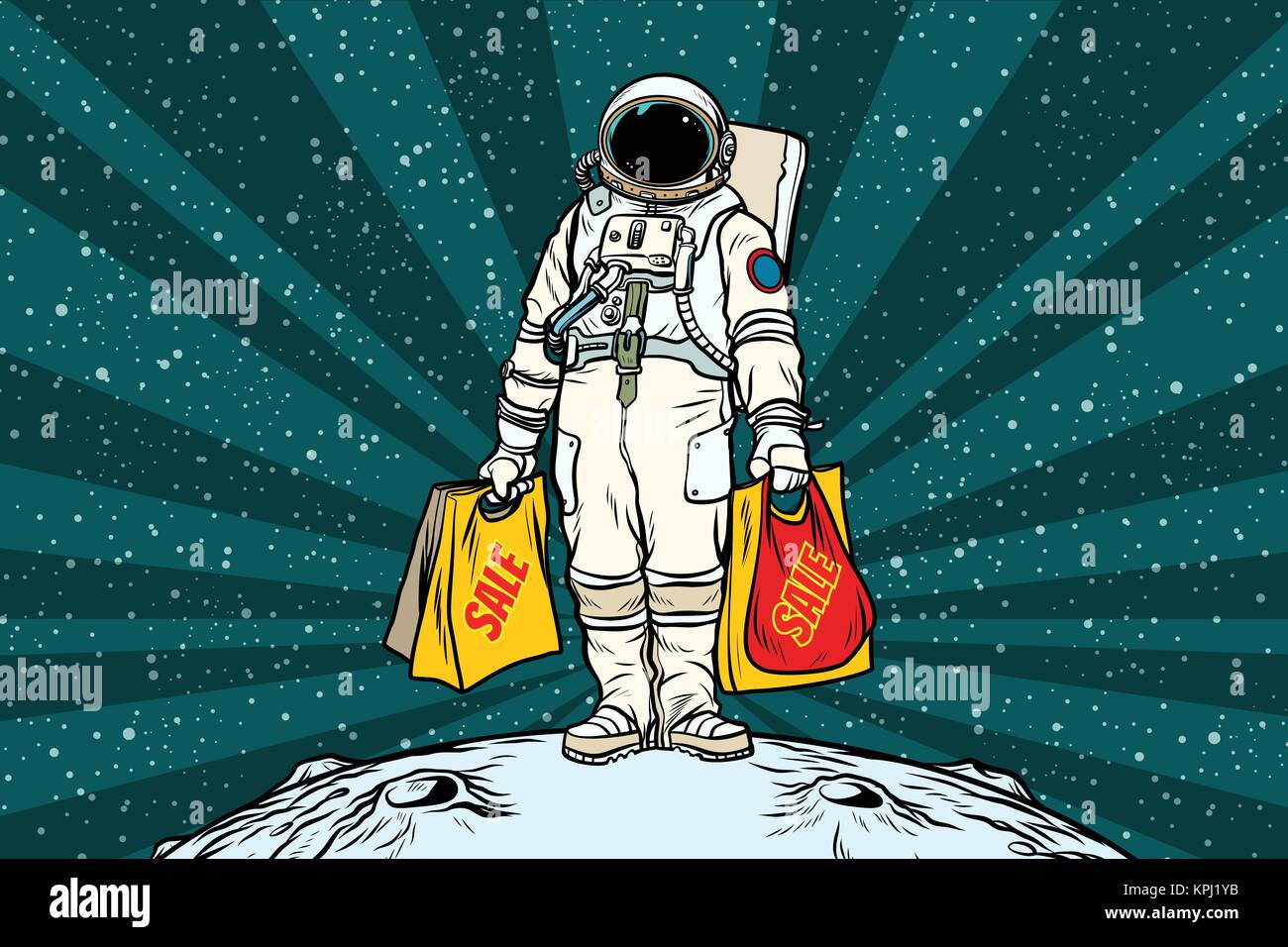 Einsamer retro Astronaut mit einem Verkauf Shopping Taschen Stock Vektor