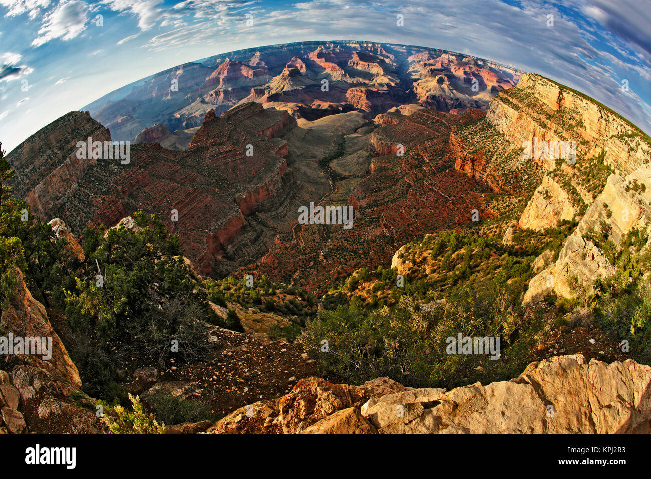 Fischaugenobjektiv, Grand Canyon vom South Rim bei Sonnenuntergang, Grand Canyon National Park, Arizona Stockfoto