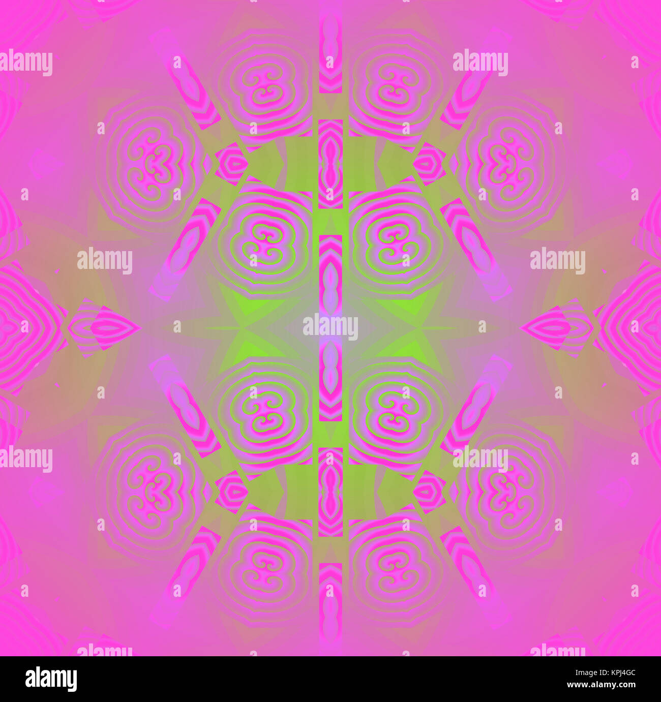 Abstrakte geometrische nahtlose Hintergrund. Futuristische Spirale und Streifen Muster in Magenta und hellgrünen Farbtönen. Zentriert und verschwommenes Ornament, auffällige und anschaulich. Stockfoto