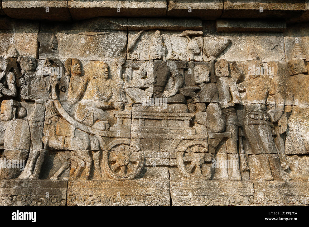 Stein Relief, buddhistische Tempelanlage Borobudur, Yogyakarta, Java, Indonesien Stockfoto