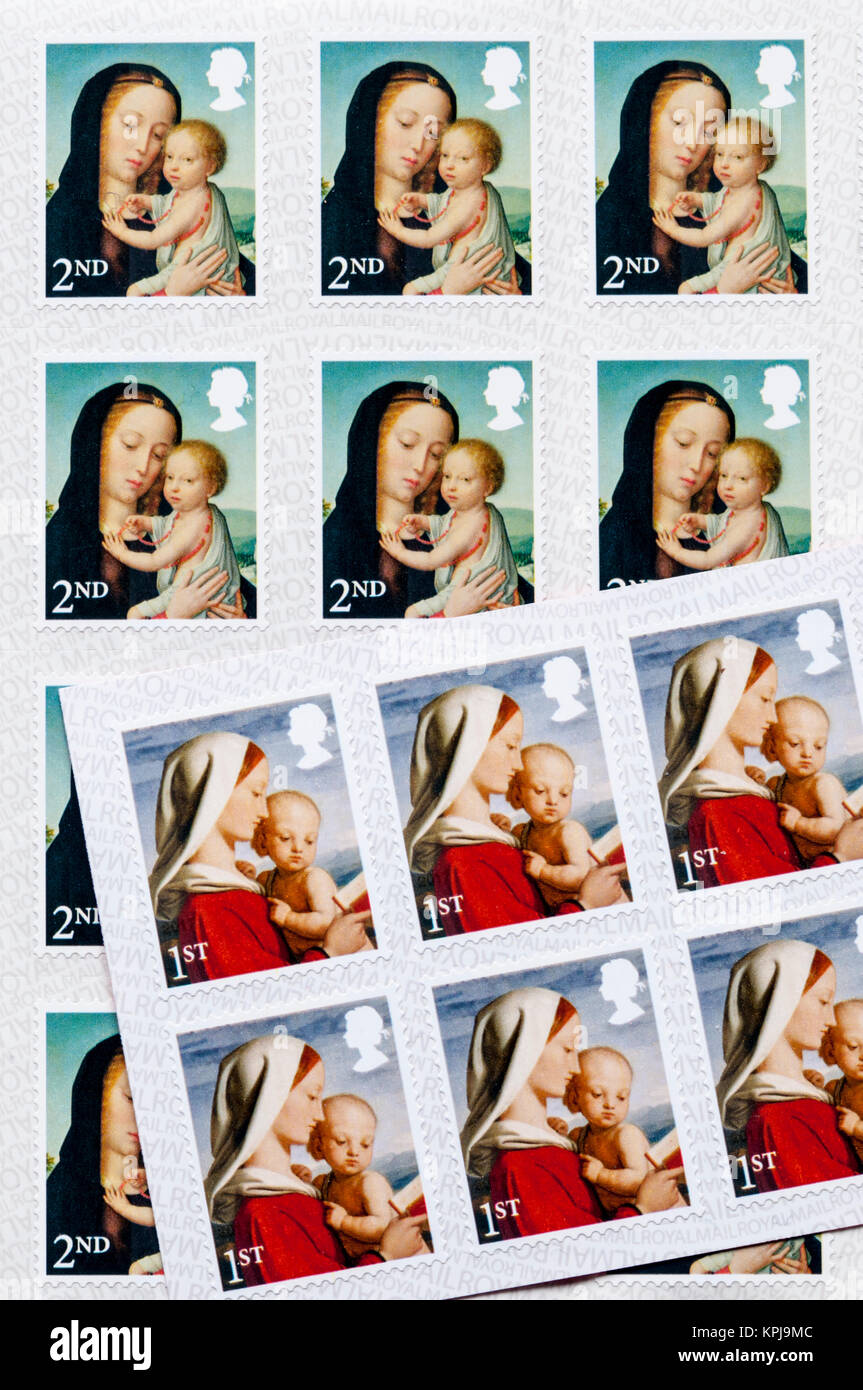 Blätter von erster und zweiter Klasse UK 2017 Weihnachten Briefmarken. Stockfoto