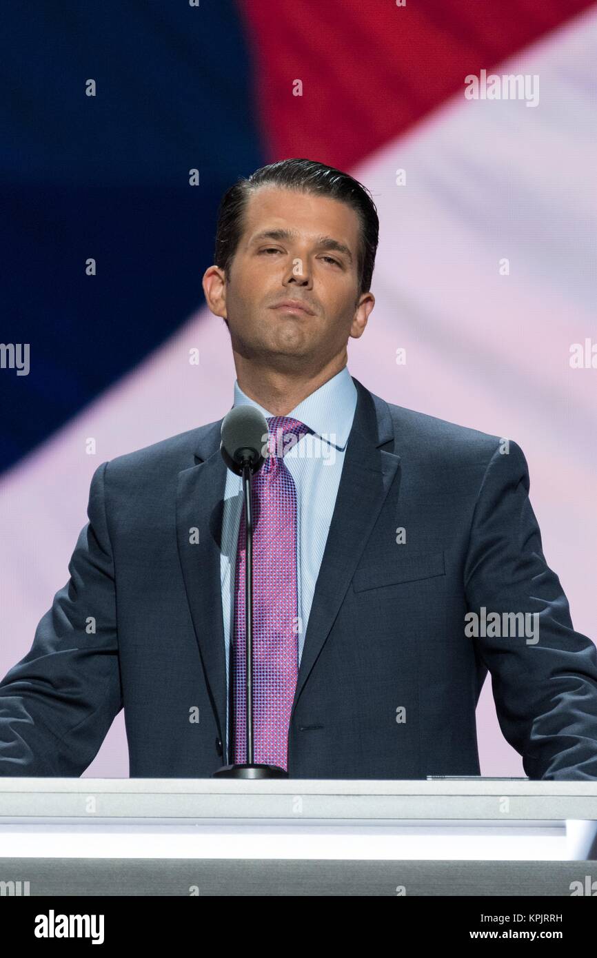 Donald Trump, jr., der Sohn des Donald Trump und seine erste Frau Ivana Trump, Adressen die Delegierten am zweiten Tag der Republican National Convention 19. Juli, in Cleveland, Ohio 2016. Früher am Tag die Delegierten offiziell nominiert Donald J. Trumpf für Präsident. Stockfoto