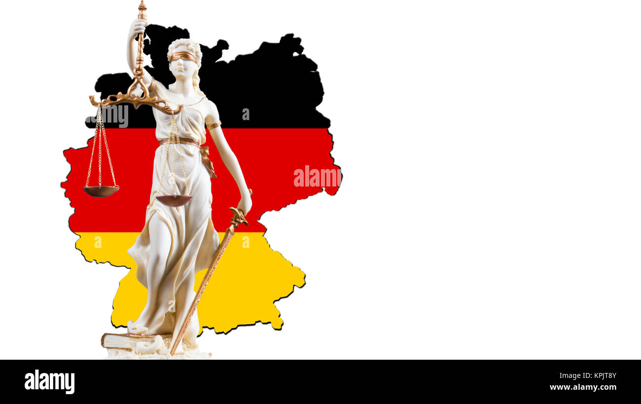 Weiß Gerechtigkeit Figur vor der Umrisse von Staat Deutschland Stockfoto