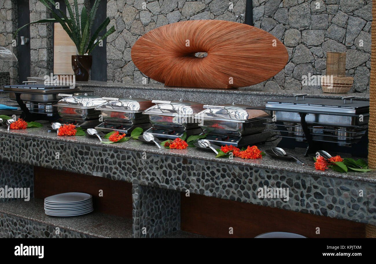 Fünf Sterne Hotel Domaine de L'Orangeraie Hall Buffet Essbereich, la Digue Seychellen Stockfoto